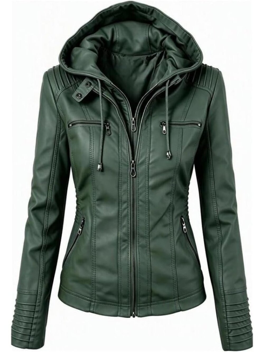 Women’s Black Green Hooded Faux Leather Motorcycle Jacket Zip Up Casual Biker Co